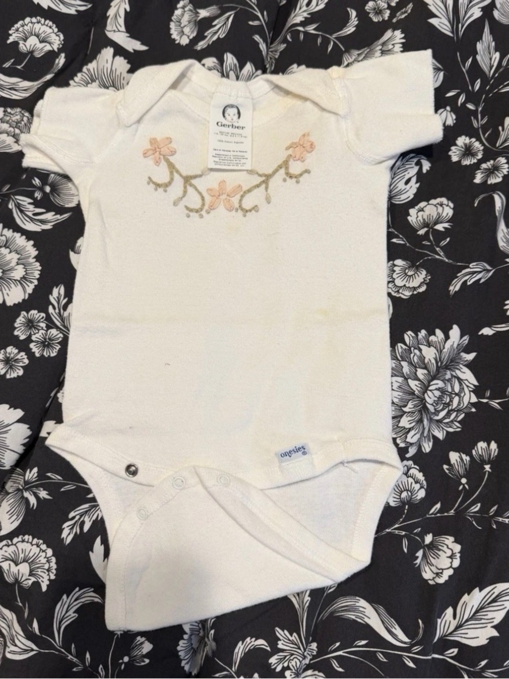 Vintage Gerber Hand Embroidered Floral Snap Onesie